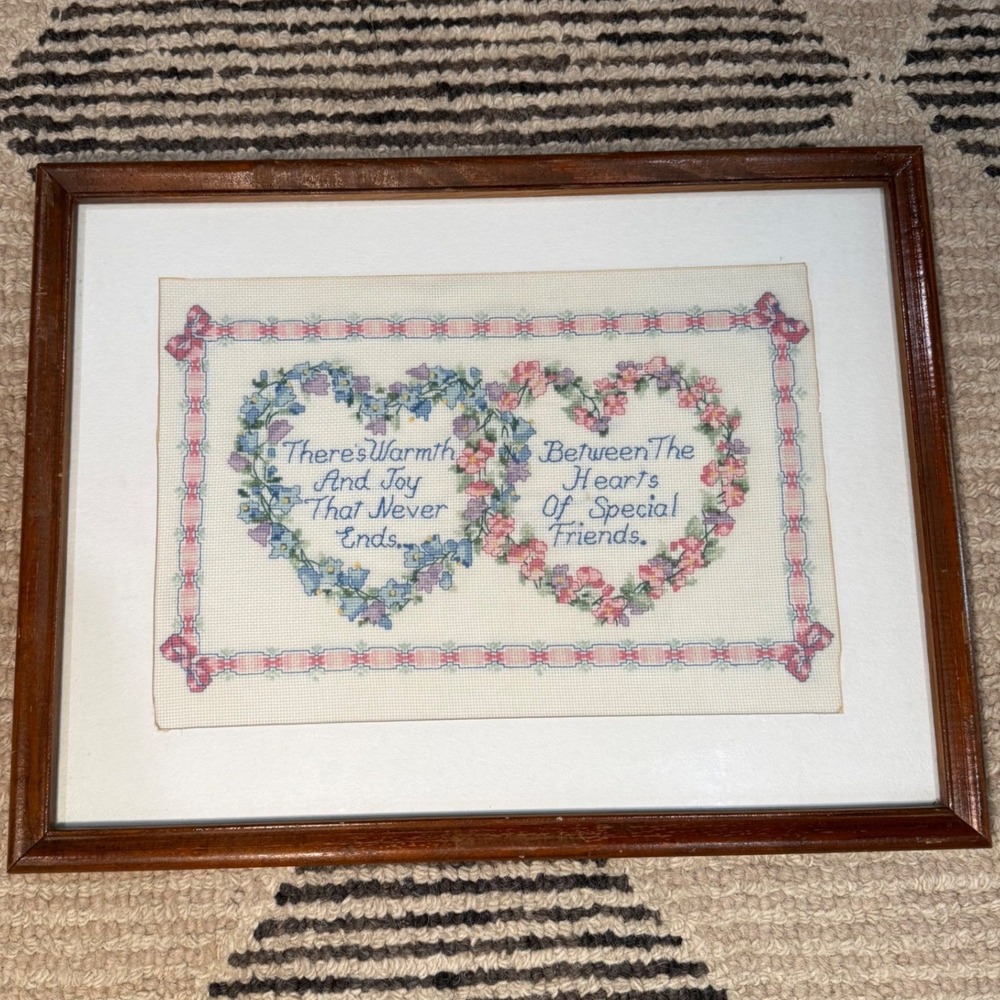 Vintage Framed Cross Stitch Floral Hearts Special Friends Sentiment Wall Art